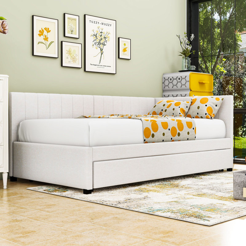 Lit de jour rembourré en lin avec couchette, Beige, Lit simple