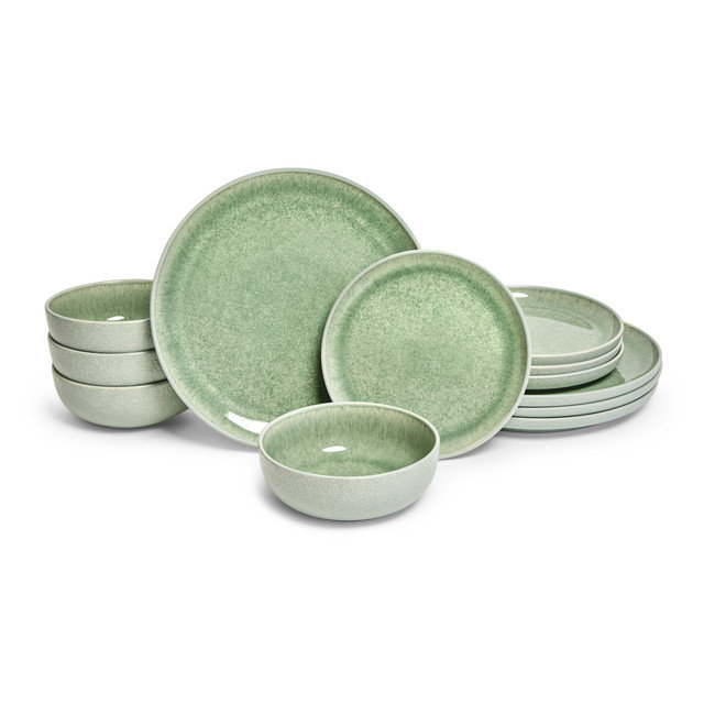 Ensemble de vaisselle en grès de 12 pièces Sango Asher - Service pour 4, ensemble d'assiettes et de bols, Vert