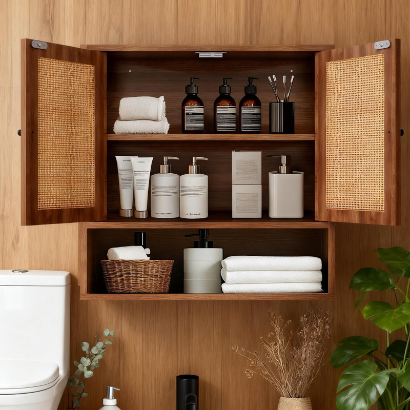 Rattan Wall Cabinet With Double Doors, Boho Chic Over The Toilet Storage Cabinet, 3-Tier Wall Mount Organizer For Bathroom, Kitchen, Living Room