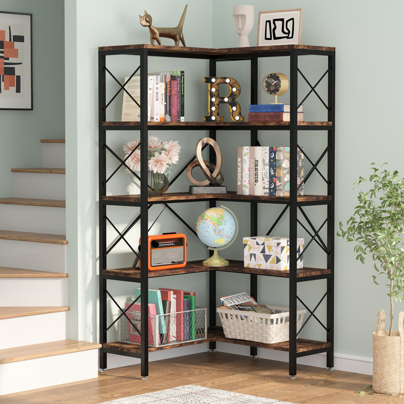 167cm H x 80cm W Metal Corner Bookcase, Black/Brown, 167.6cm H x 81.3cm W x 81.3cm D