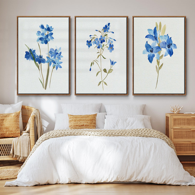 " Blue Blossom Botanical I " 3 - Pieces, Walnut, 27" H x 54" W