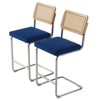  Bar Stool, Set of 2, 26.2" Height Counter Stool, Natural Rattan Back with Thick Padded Seat & Metal Legs – Mid-Century Modern,Navy