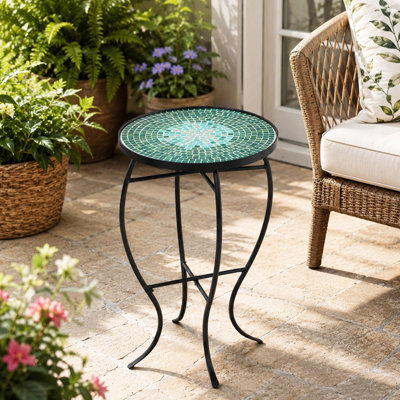 Modern Round Outdoor Accent Side Table with Mosaic Tile Top
