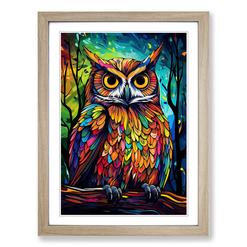 Owl Pop - Single Picture Frame Print on Wood, 46cm H x 34cm W x 2cm D, Oak 