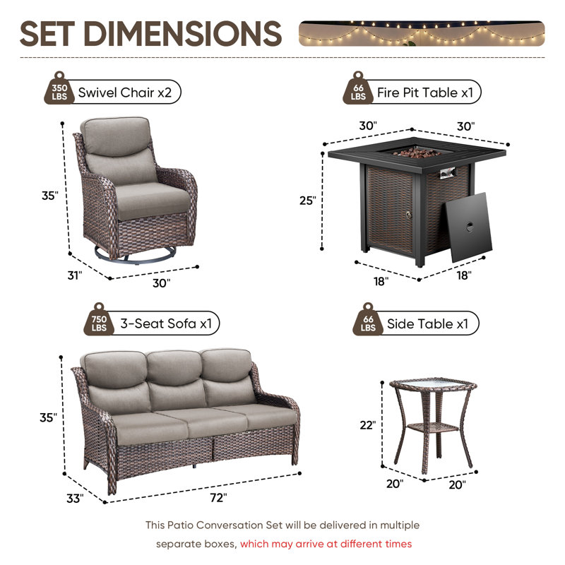 Anner 5-Piece All Weather Outdoor Wicker Patio Conversation Set With Square Metal Fire Pit Table, Swivel Gliders And Side Table