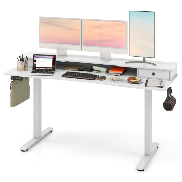 Bureau debout électrique 63 po x 24 po avec 2 tiroirs, 33" H x 63" W x 24" D, Blanc