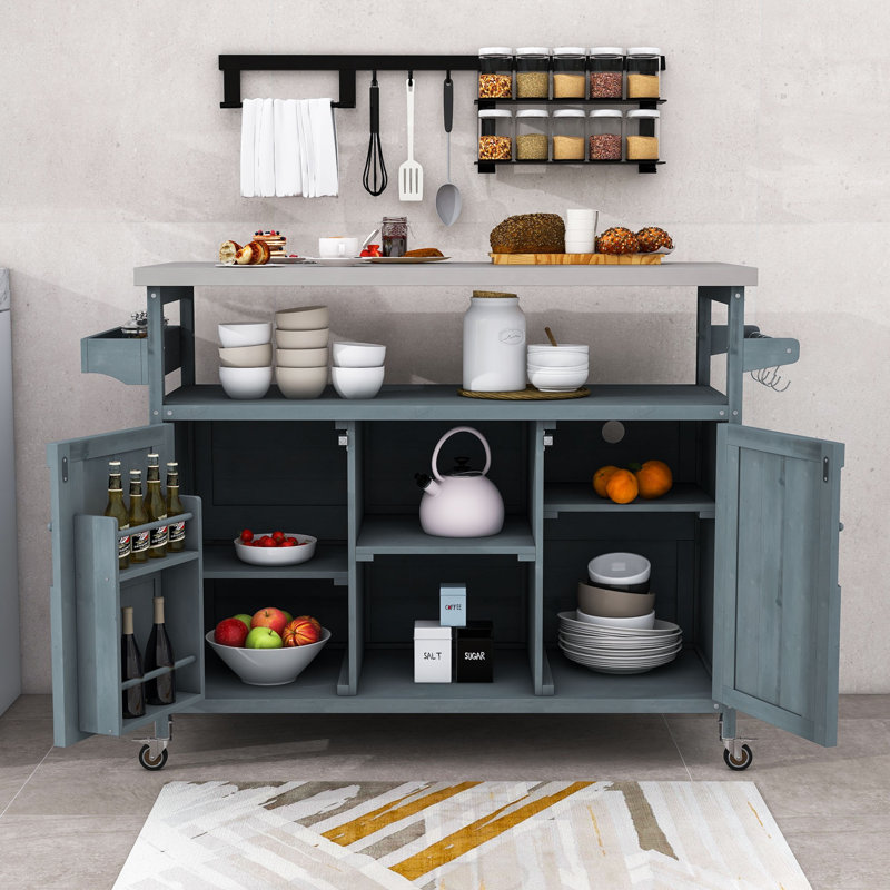 Cheyene Rolling Kitchen Island with Stainless Steel Top and Lockable Wheels, Gray Blue