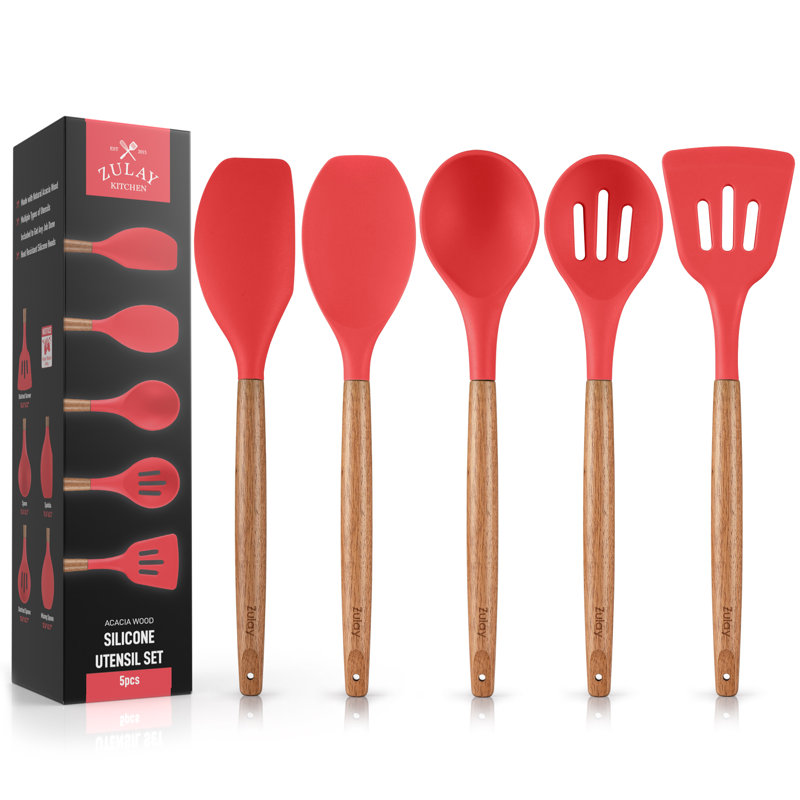Ensemble 5 pièces d'ustensiles antiadhésifs en silicone avec poignées en bois d'acacia Zulay