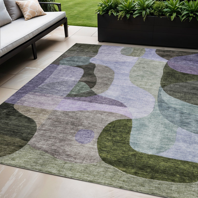 Tapis extérieur lavable abstrait mauve et gris anthracite 5 pi x 8 pi vert olive