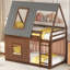 Lit superposé simple en bois avec toit, échelle et 2 fenêtres, chêne et gris fumé