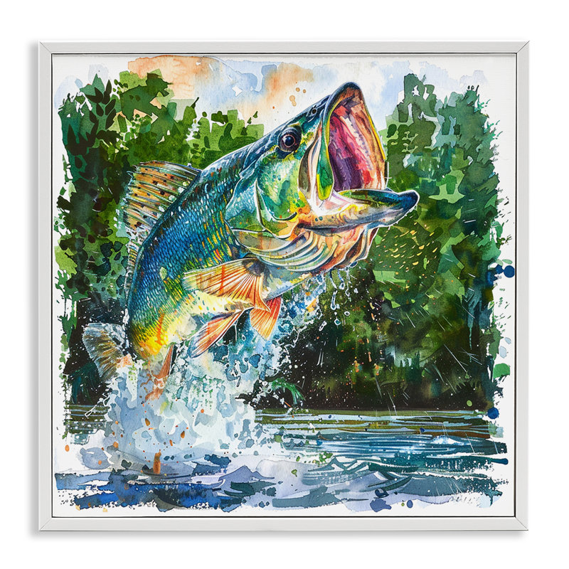  «Splashing Bass Fish», estampe numérique par LSR Design Studio, H 24 po x l 24 po, Giclée encadrée blanc bord de mer
