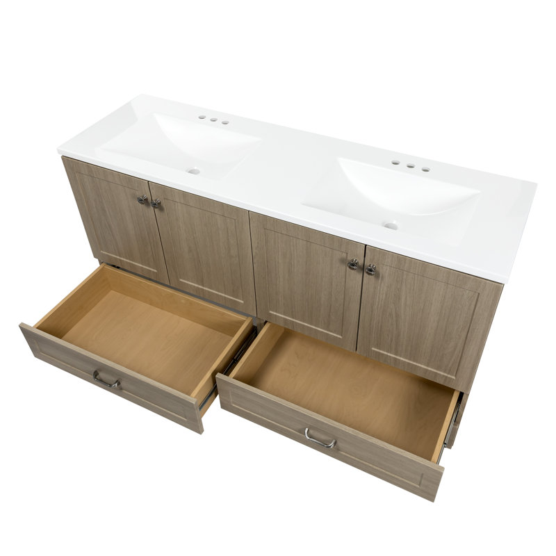 Meuble-lavabo double 60,50 po avec 2 armoires, 2 tiroirs et plateau en marbre de culture Emlyn, Brun