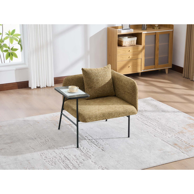 Confortable fauteuil de loisir rembourré avec petite table, pieds en métal et poches de rangement, Lin jaune