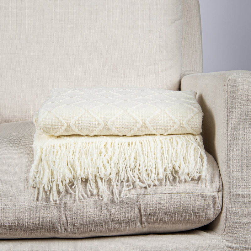 Cozy Ivory Textured Diamond Knitted Throw 50" x 60"