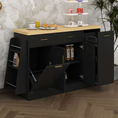 Storage Sideboard, Trash Can Storage, Sliding Door Cabinet & 3-Tier Spice Rack