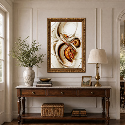 Toile murale aux formes abstraites tourbillonnantes en bronze et or
