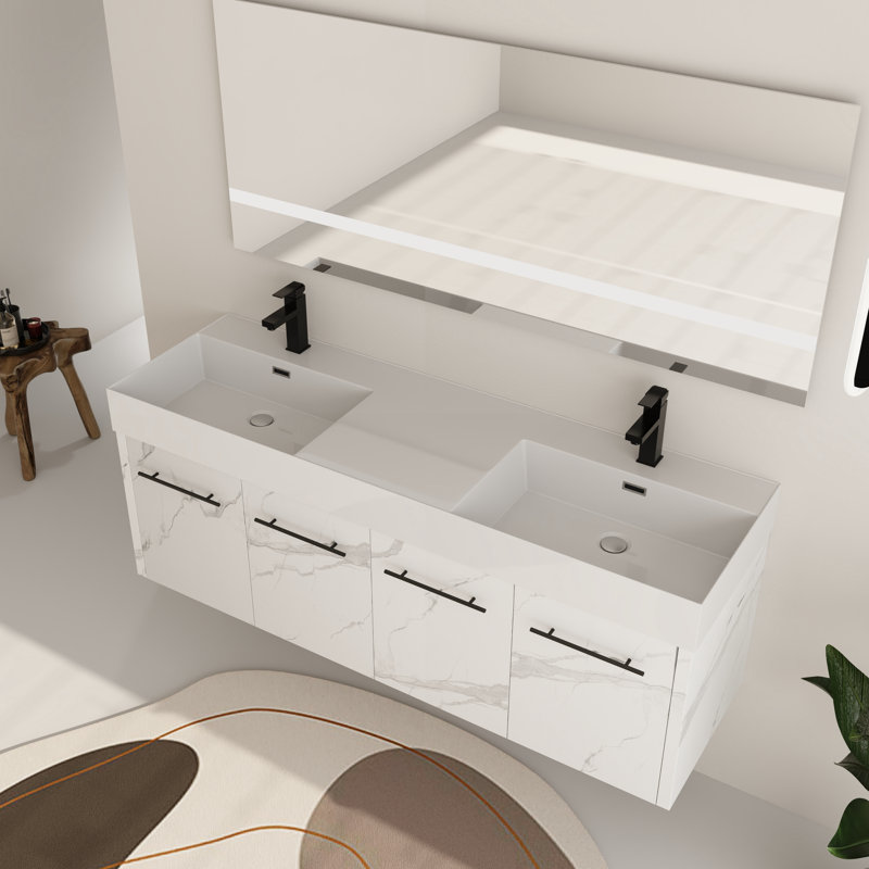 Ivinghoe 60" Bathroom Vanity with Sink, 60 Inch Floating Vanity, Double Sink Wall Mounted Vanity Combo, Modern Bathroom Vanity Set with 4 Doors and Resin Basin Sink
