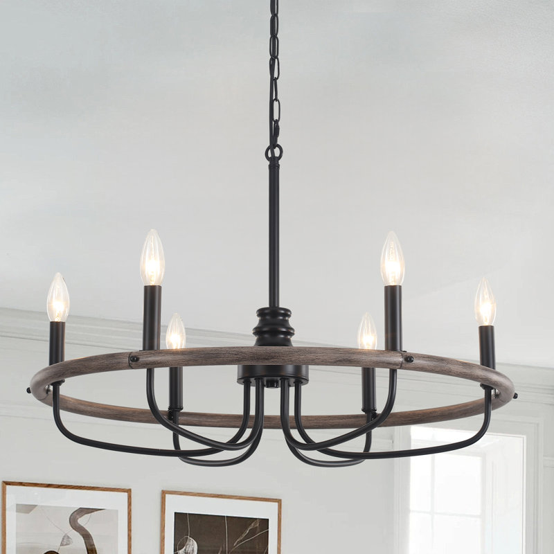  6 - Light 27 inch Dimmable Round Vintage Classic / Traditional Wagon Wheel Chandelier , Brown/Black