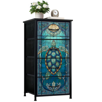 Coastal Stained Glass Style Dresser for Bedroom with 4 Storage Drawers Teal Blue Sea Turtle Stained Glass Dressers Chest of Drawers Steel Framed Fabric Closet Organizers for Dorm Entryway