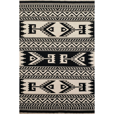 Tapis noir / blanc en laine tissé à plat à la main Alejah Southwestern