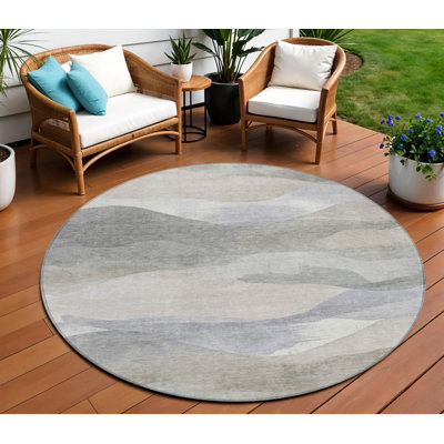 8' Beige And Gray Round Abstract Washable Indoor Outdoor Area Rug