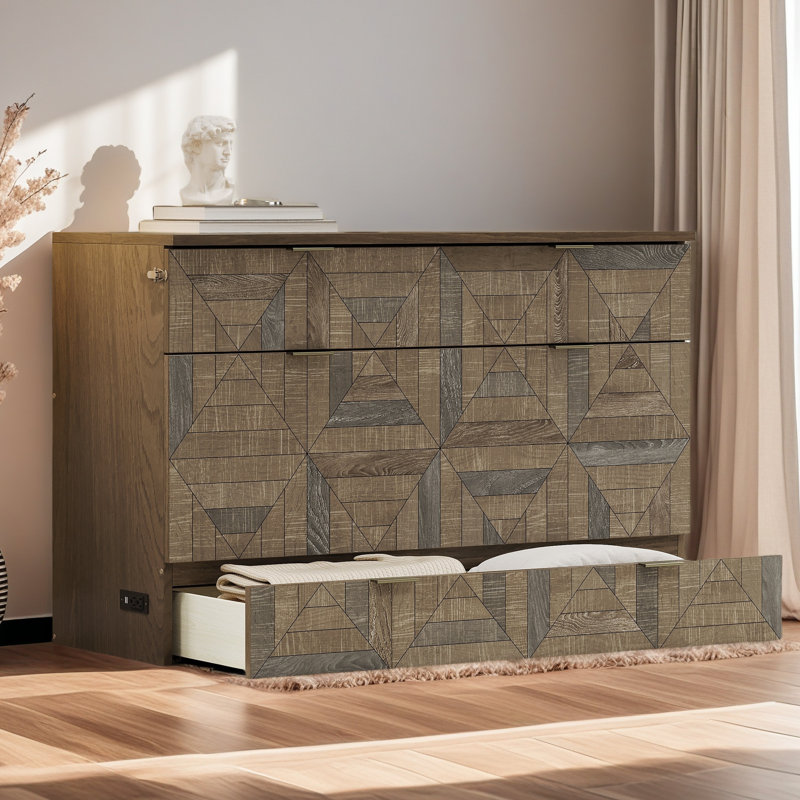 Geometric Veneer Design Farmhouse Style Foldable Cabinet Murphy Bed,  inclduing Charging Station and Large Storage Drawer, for Home Office, Living Room and Guest