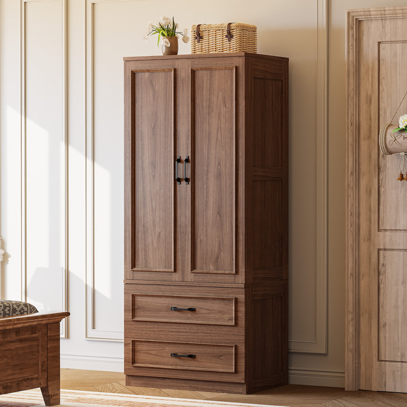 70" H Armoire Wardrobe Closet With 2 Doors & 2 Drawers, Freestanding Wooden Wardrobe Armoire With Hanging Rod For Bedroom, White