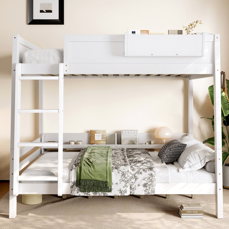 Lit superposé double en bois massif avec tablettes, Lit superposé double sur double, Blanc