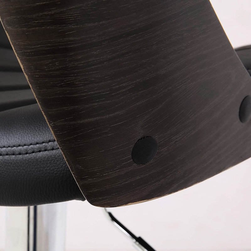 American Design Bar Stool With Curved Back, 360 Swivel, And Adjustable Height In Diamond Seat Height, Black Upholstery Weathered Oak For Dining