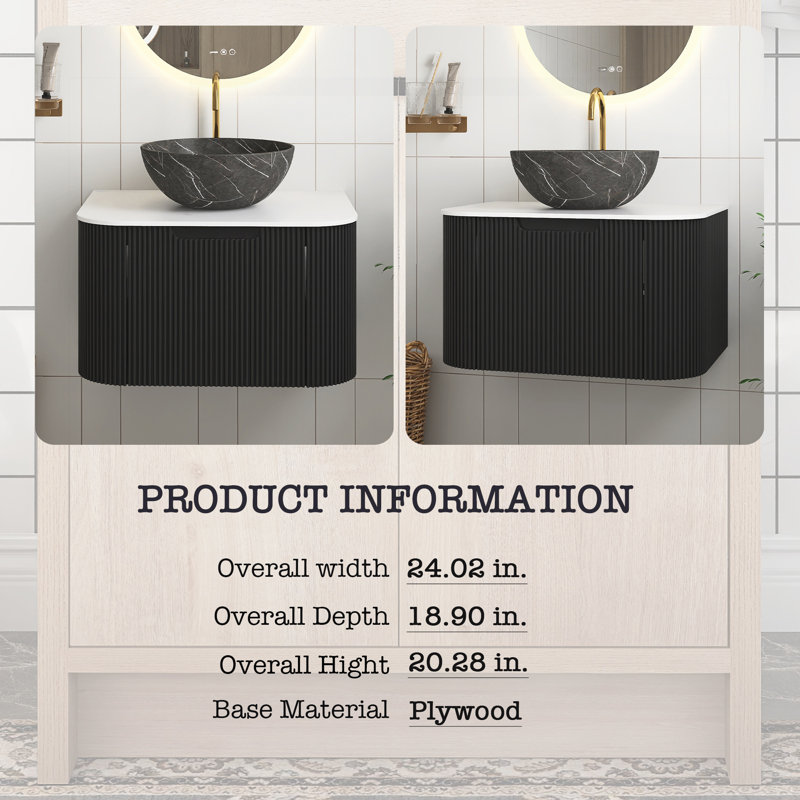 Meuble-lavabo noir 24 po avec lavabo, meuble de rangement mural rayé à bords arrondis avec tiroir, cuve en céramique noire avec motif de pierres, pré-assemblé