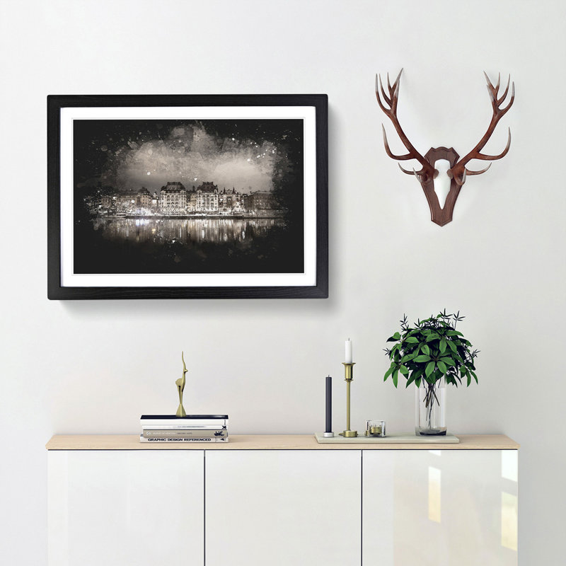Reflection Of Stockholm In Sweden - Picture Frame Graphic Art, 62cm H x 87cm W x 2cm D, Black Framed