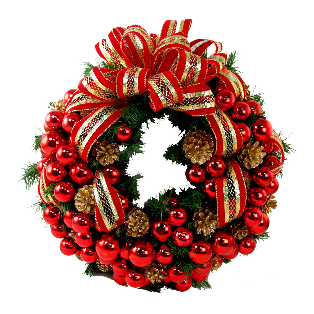 Holiday Wreath with Red Ornaments, Pinescones and Red and Gold Ribbon Creative Displays, Inc.