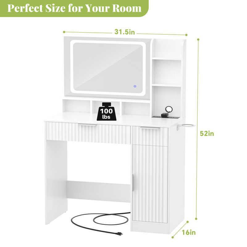  Bureau de maquillage avec miroir, lumières et station de charge, Blanc