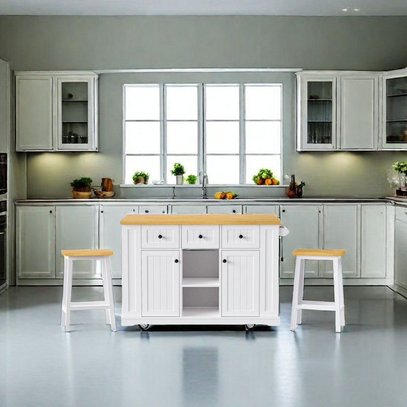 53inch Large Kitchen Island with 2 Bar Stools, Power Outlet, White
