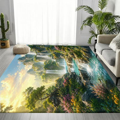 Tapis de paysage réaliste de montagne en cascade, motif de paysage naturel éclatant, tapis doux et durable, tapis antidérapant lavable à la machine, décoration intérieure élégante pour salon, chambre à coucher, couloir, cuisine, balcon, appartement