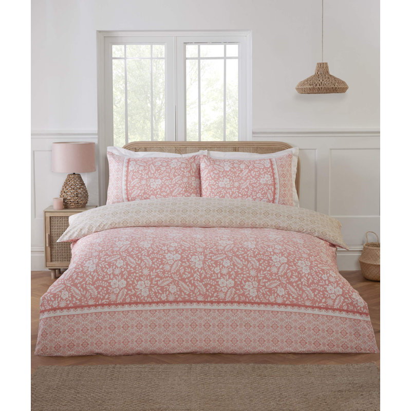 ELEANOR Microfiber / Polyester Floral Duvet Cover Set with Pillowcases, Pink, Double, 3