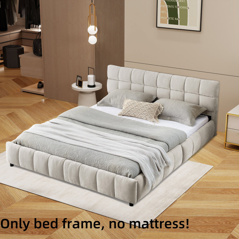 Upholstered Bed Frame  With  Storage Drawers, Queen, Beige