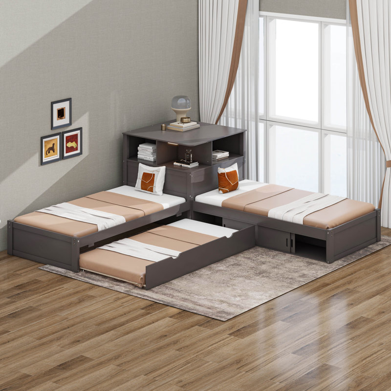 Lit plateforme simple en L avec armoires de rangement, bureau, lit gigogne et lumière DEL, gris
