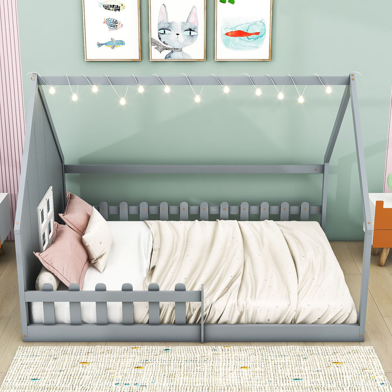 Full Wood House Bed Frame with Built-In Window, LED Light String and Fence, Gray