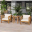 Ensemble de conversation pour patio, siège de loisirs en bois pour l'extérieur (ensemble de 2), fauteuil avec coussins, table de bout en bois d'acacia Selma, finition teck, coussin beige-2047053759