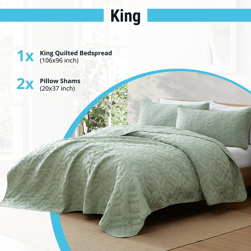 Sage Green King Microfiber Quilted 3-Piece Bedding Set