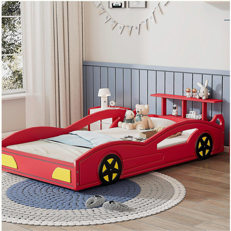 Lit de voiture de course en bois, lit plateforme simple en forme de voiture avec roues pour adolescents, Rouge