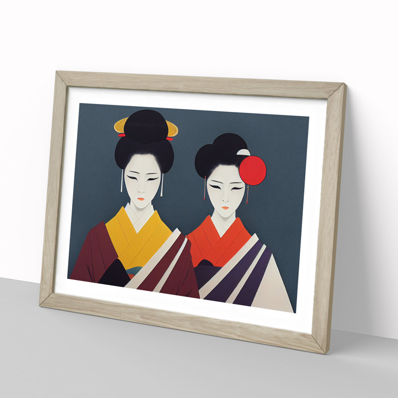XH1022-9012X The Two Geisha 1 Piece Single Picture Frame Wall Art, 25cm H x 34cm W x 2cm D, Oak