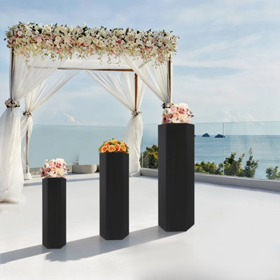 Ensemble de 3 présentoirs hexagonaux en acrylique noir pour gâteaux et autres produits, idéal pour les mariages, le commerce de détail et la décoration intérieure.