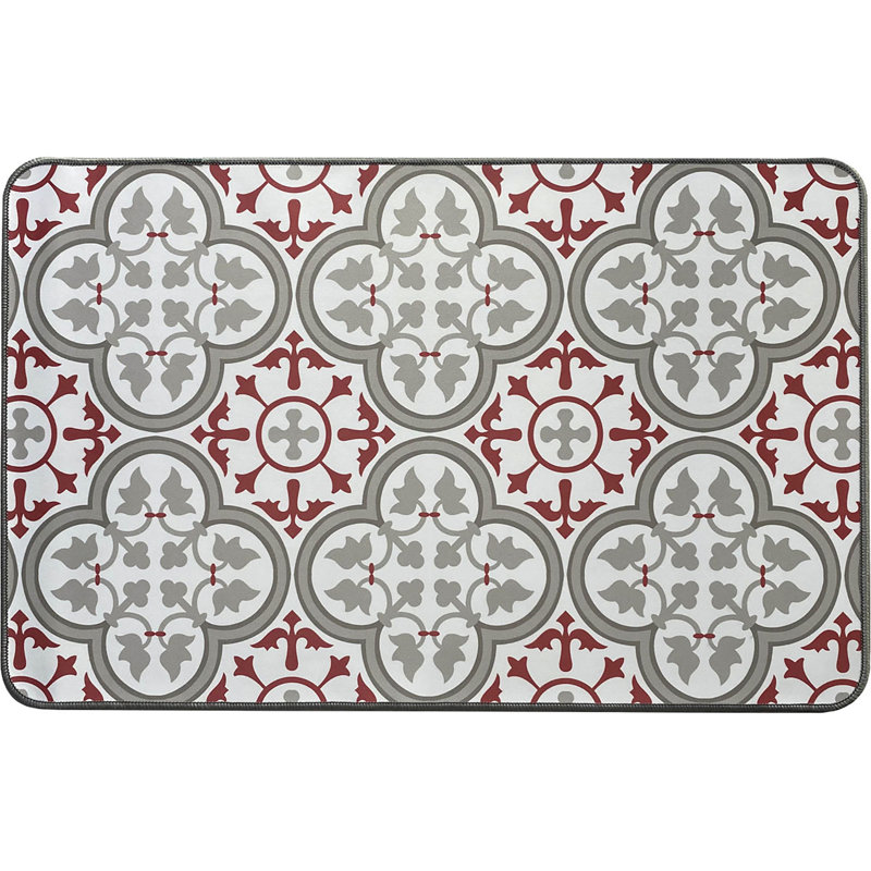 Multi-Size Paco Vintage Mosaic Kitchen Mat Tile Design, Ideal For Homeowners & Renters, Rectangle 2' x 3', Light Gray/Red