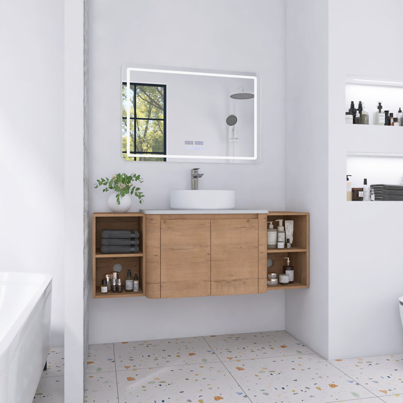 Meuble-lavabo mural 54 po avec lavabo vasque en céramique et 2 tablettes de rangement, portes à fermeture en douceur