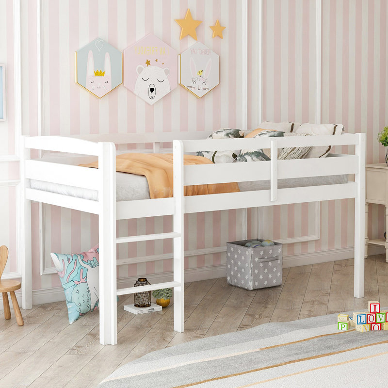 Lit mezzanine bas en bois avec échelle, Blanc