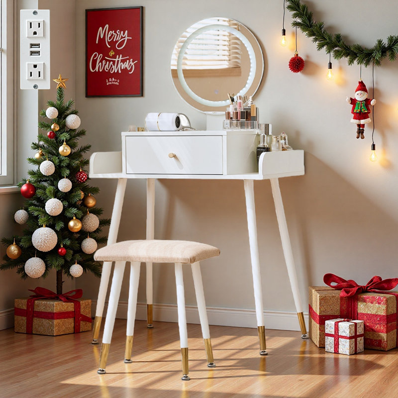 Ridaa Small Makeup Vanity Table Set with 3 Modes Brightness Adjustable Lighted Mirror, Compact Vanity Desk with Charging Station & Cushioned Stool, Dressing Table for Bedroom Apartment with Storage Drawer, for Kid Gift