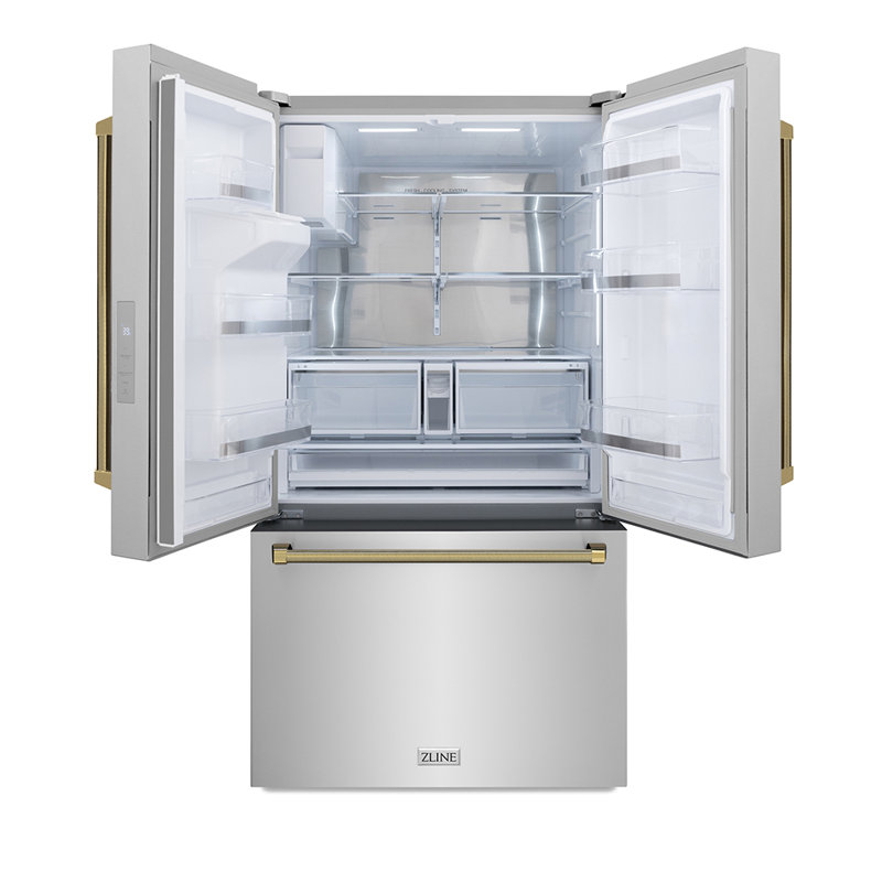 ZLINE Autograph 36 in. Stainless Standard-Depth Fridge w/ Dual Ice Maker & Gold Helix Handles, Gold