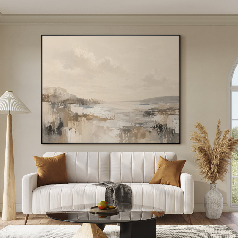 Très grand art mural imprimé sur toile - Beige, brun clair, paysage abstrait, décor de salon contemporain - "Assemblage requis (cadre non fini)"